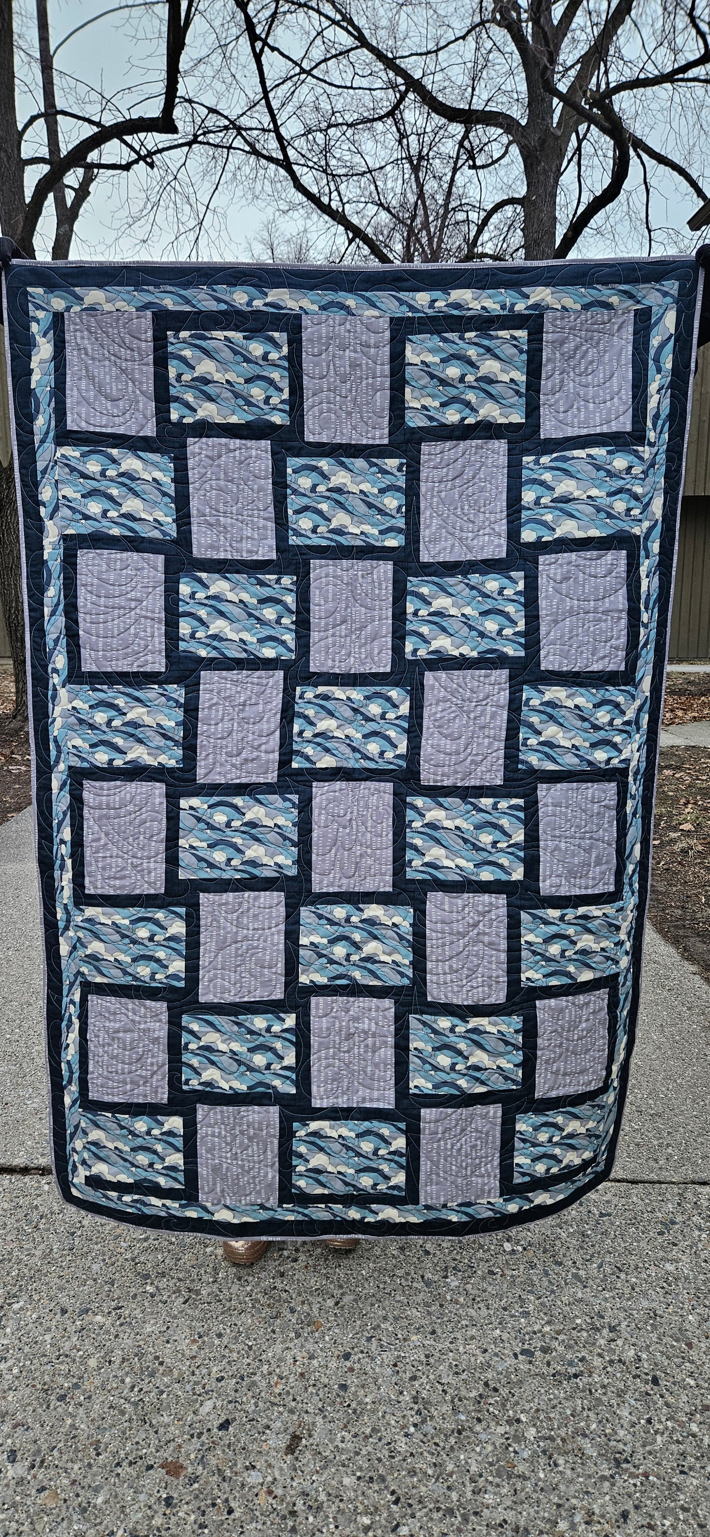 Stormy Cloud Handmade Quilt – Nautical Wave Print Throw