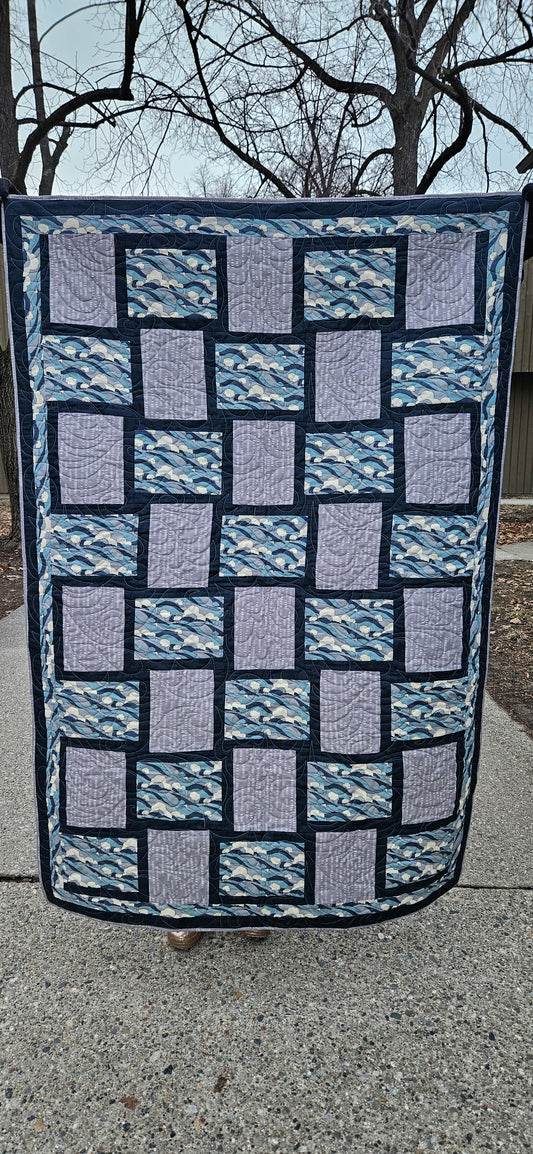 Stormy Cloud Handmade Quilt – Nautical Wave Print Throw