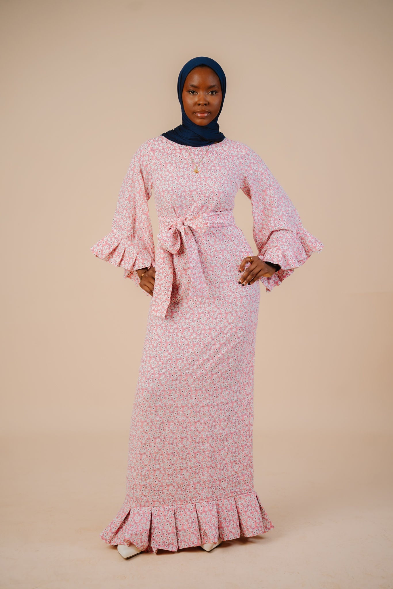 Zaina Pink Clovers Belted Maxi Dress.