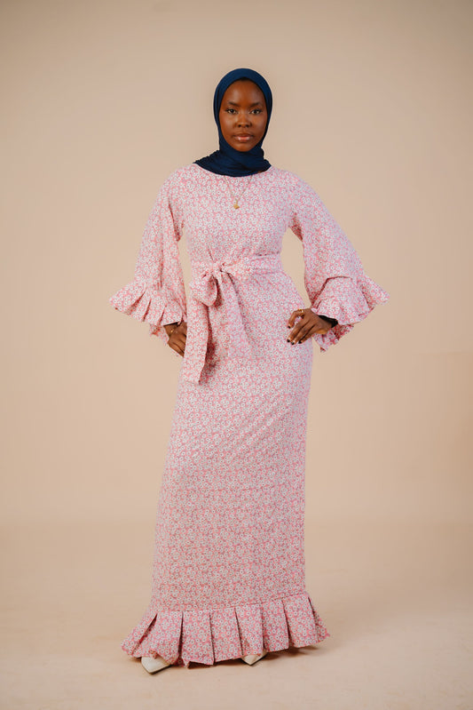 Zaina Pink Clovers Belted Maxi Dress.
