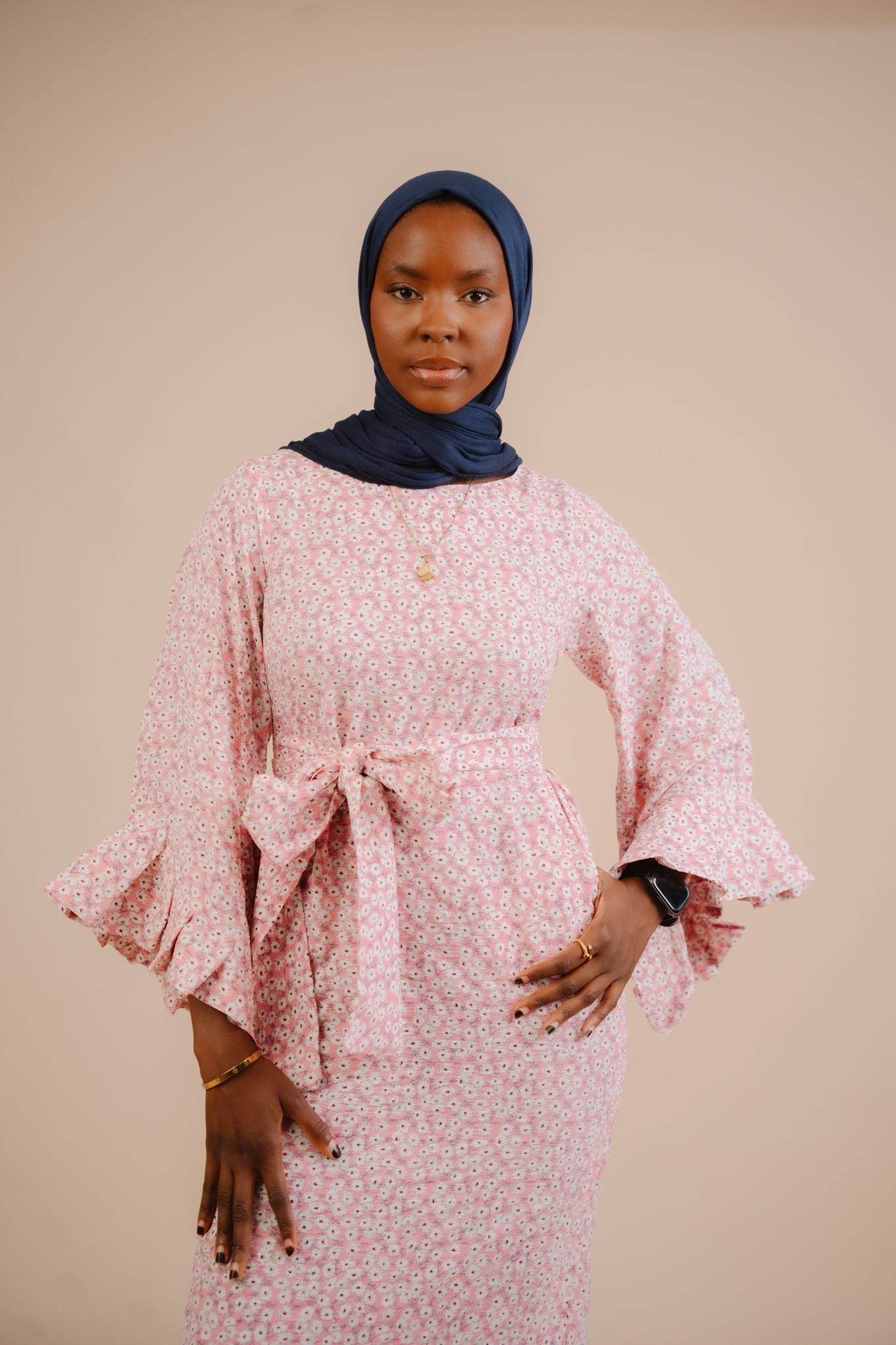 Zaina Pink Clovers Belted Maxi Dress.