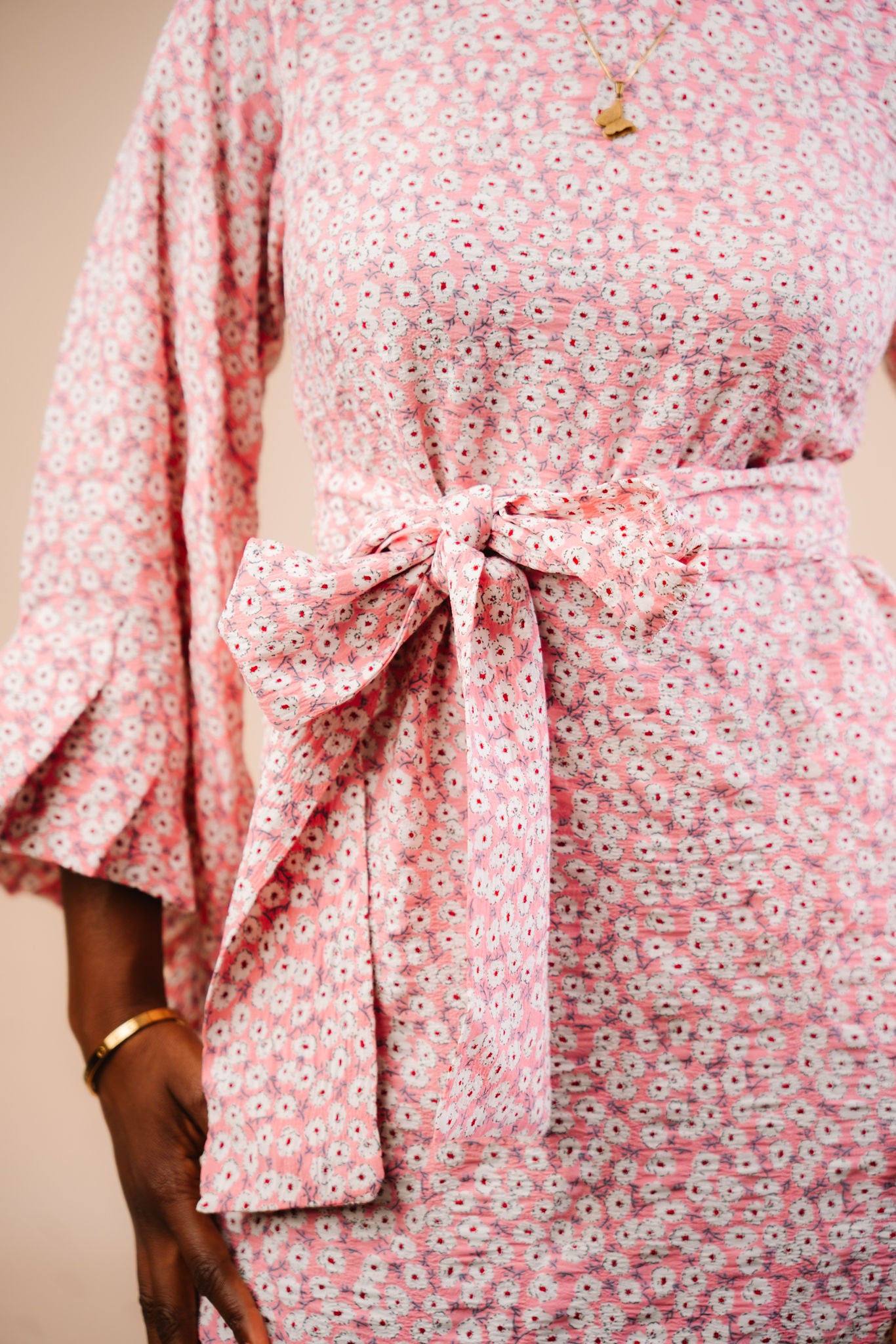 Zaina Pink Clovers Belted Maxi Dress.